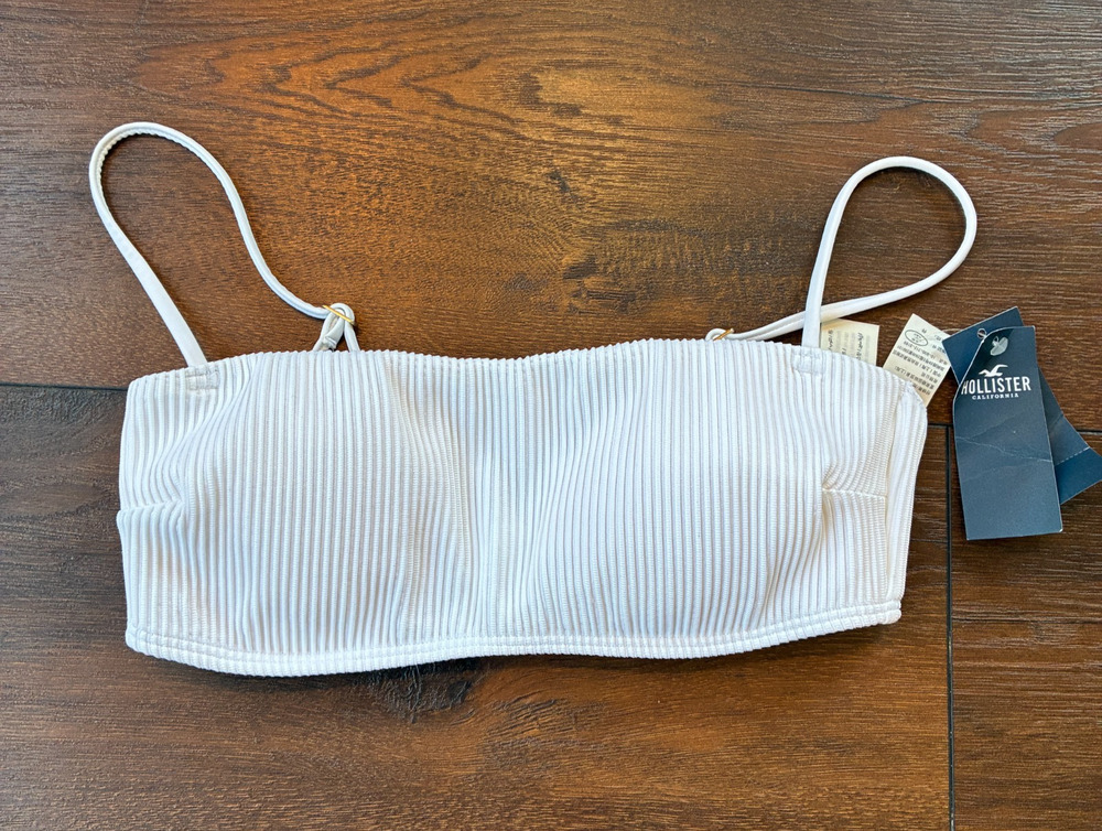 Hollister White Ribbed Bandeau Bikini Top Spaghetti Strap Swim Size S, NWT Flaw